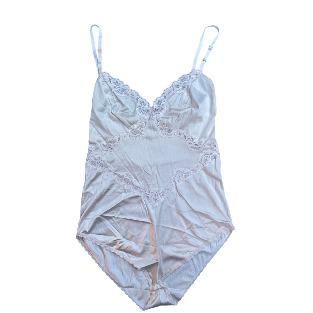 Vintage 90's Lace Bodysuit Cream Silky Lingerie Coquette Soft Girl Balletcore M